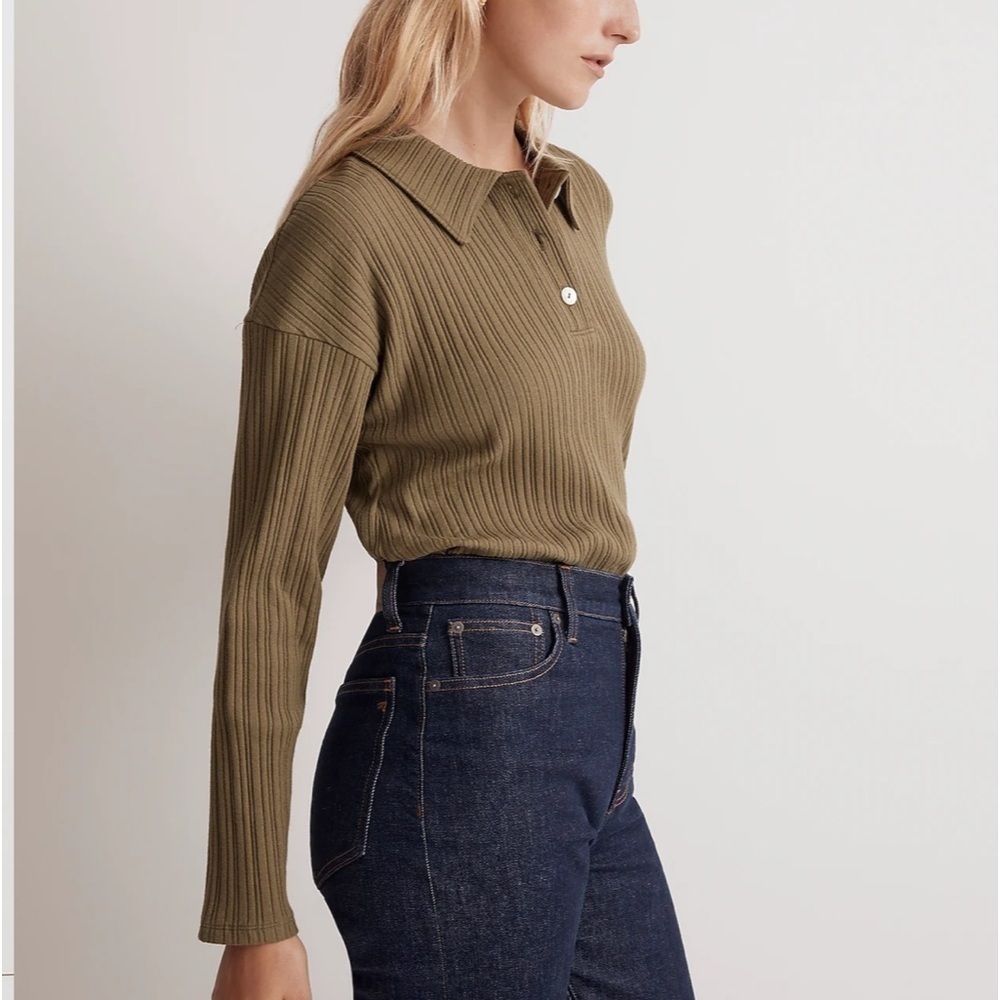 Madewell Variegated Rib Boxy Polo Shirt desert olive green - Picture 2 of 9